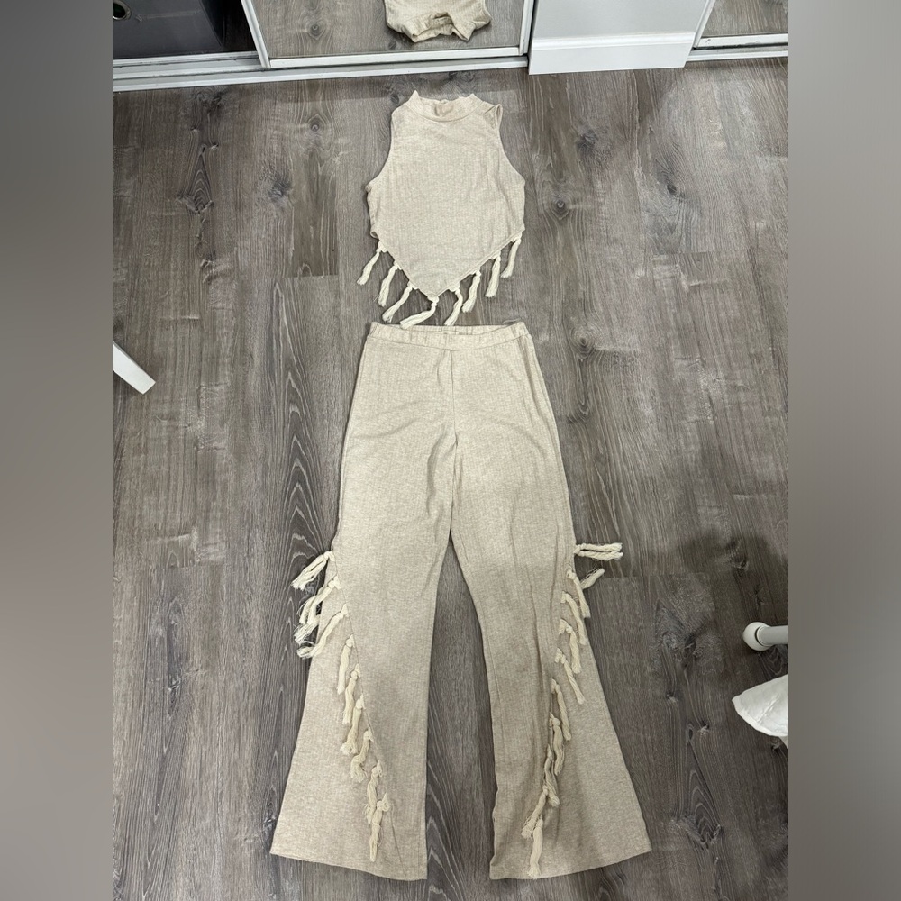 Beige Fringe Knit Two-Piece Set - Women